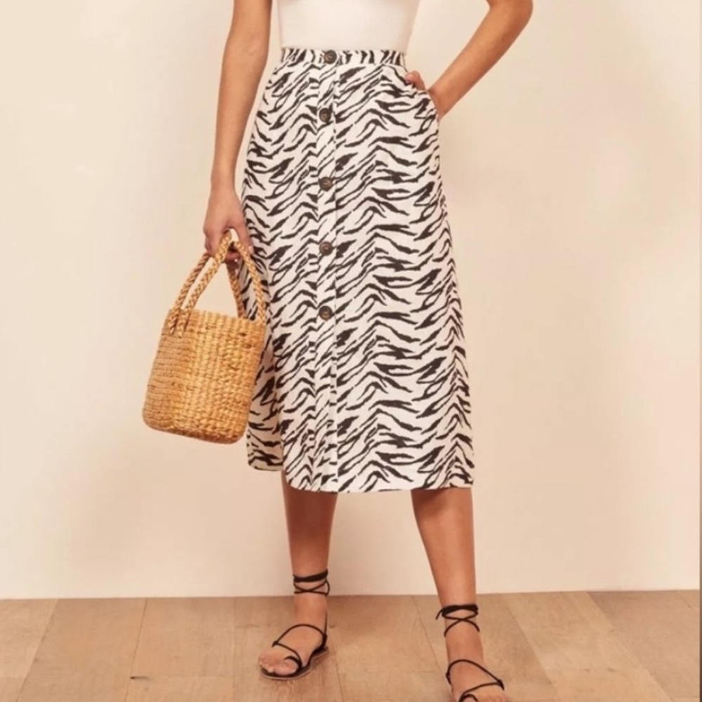 Reformation Brown Zebra Print Jayne Linen Midi Skirt Size 10